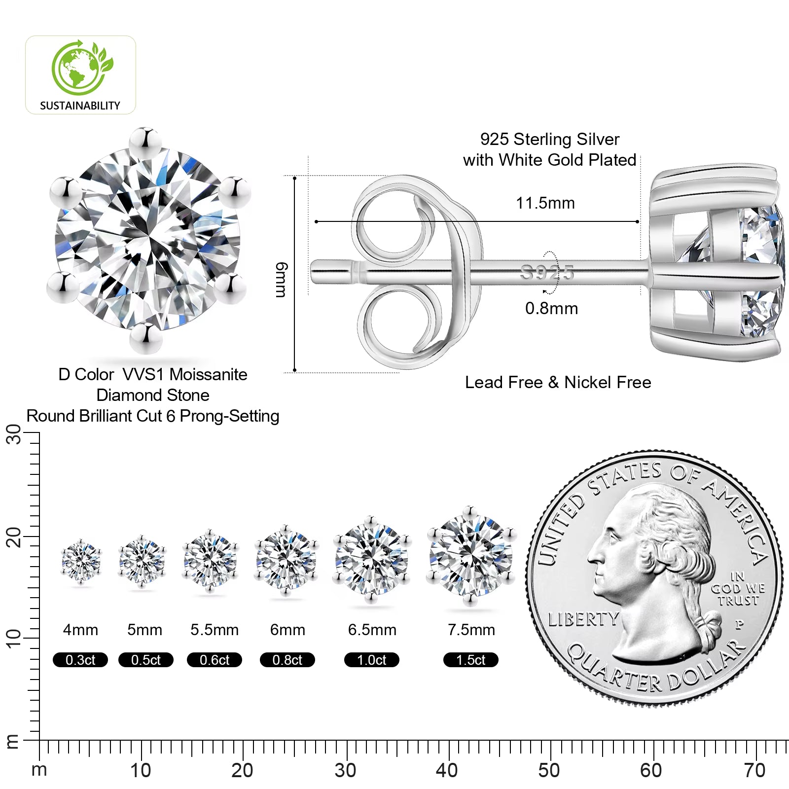 Classic Mossanite Diamond Ear Stud 3-8Mm 1Ct 2Ct 14K Gold Plated 925 Sterling Silver VVS GRA Moissanite Earring for Women Men