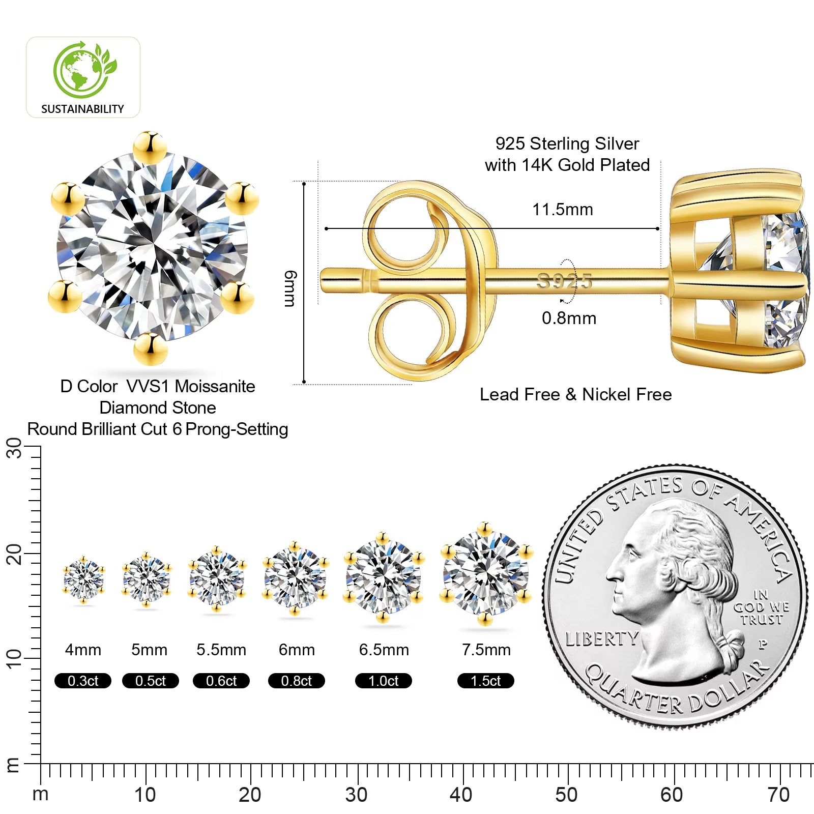 Classic Mossanite Diamond Ear Stud 3-8Mm 1Ct 2Ct 14K Gold Plated 925 Sterling Silver VVS GRA Moissanite Earring for Women Men