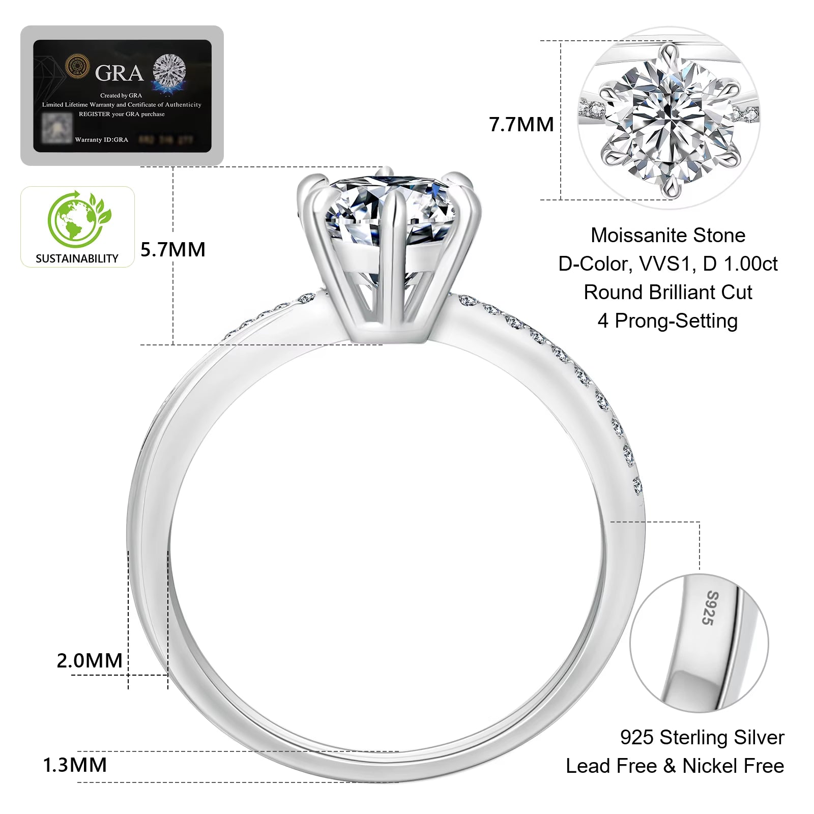2.0CT 1CT 0.5CT Solitaire Engagement Moissanite Promise Rings Women Lab Created Diamond S925 Sterling Silver Bridal Wedding Ring