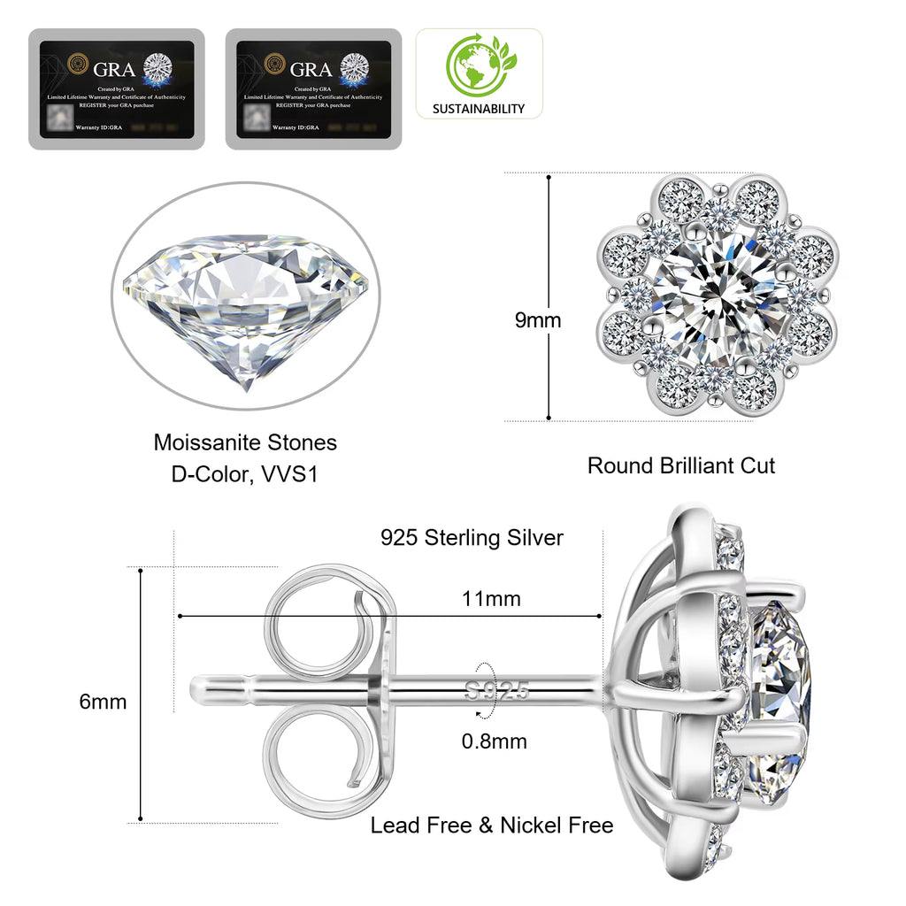 Flower Cluster VVS GRA Moissanite Diamond Stud Gifts 14K White Gold Plated Women Men 925 Sterling Silver Hypoallergenic Earring