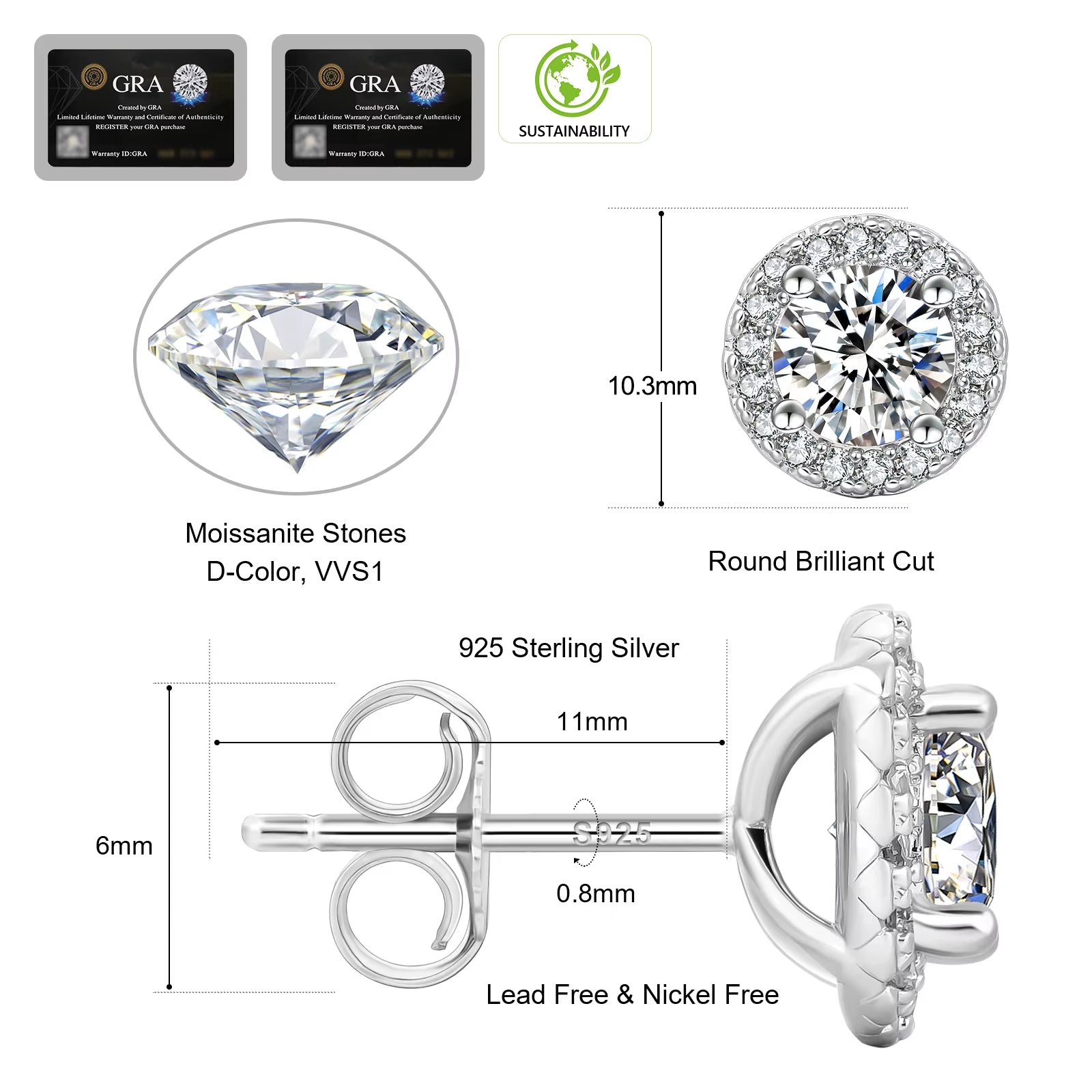 VVS Moissanite Stud 925 Sterling Silver Jewelry Women Men Gifts Hypoallergenic 1Ct 2Ct GRA LAB Diamond Mossanite Halo Earring