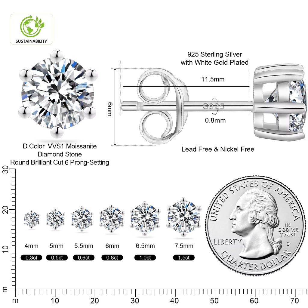 Classic Mossanite Diamond Ear Stud 3-8Mm 1Ct 2Ct 14K Gold Plated 925 Sterling Silver VVS GRA Moissanite Earring for Women Men